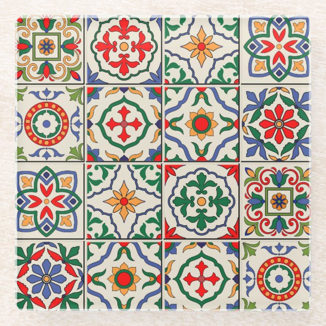 Moroccan Tiles: Colorful Seamless Pattern. Glass Coaster (Front)