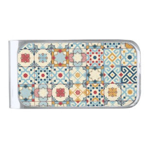 Moroccan tiles, colorful seamless pattern. silver finish money clip