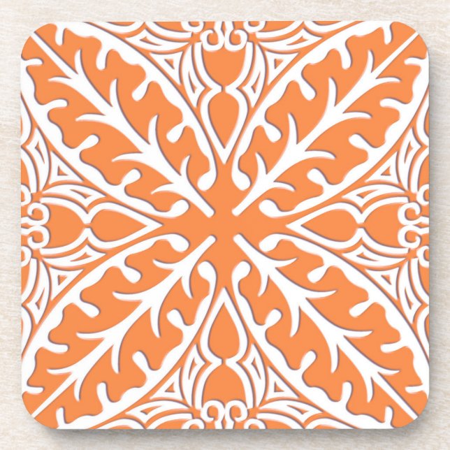 Moroccan tiles - coral orange and white beverage coaster (Front)