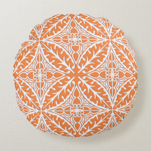 Moroccan tiles - coral orange and white round pillow