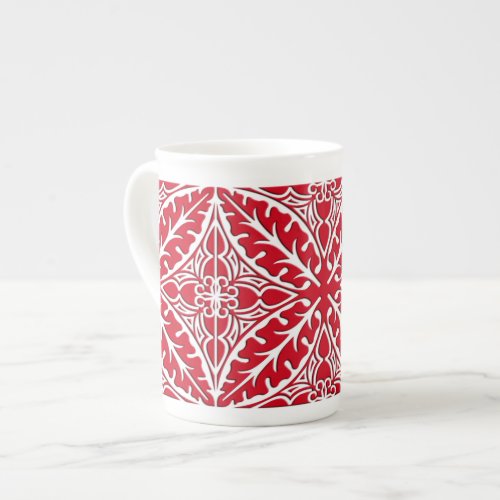 Moroccan tiles _ dark red and white bone china mug