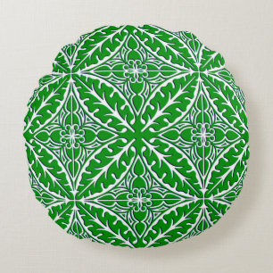 Moroccan tiles - emerald green and white round pillow