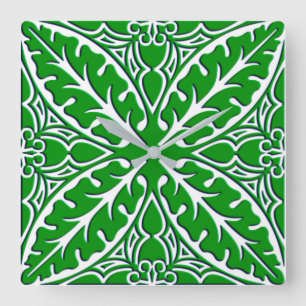 Moroccan tiles - emerald green and white square wall clock