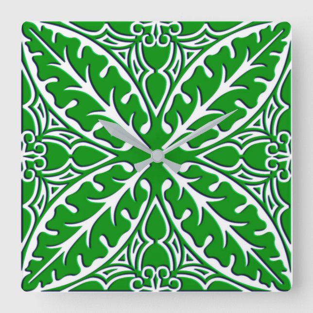 Moroccan tiles - emerald green and white square wall clock (Front)