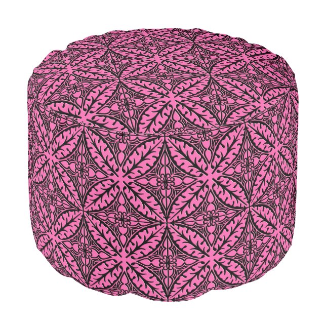 Moroccan tiles - fuchsia pink and black pouf (Angled Front)