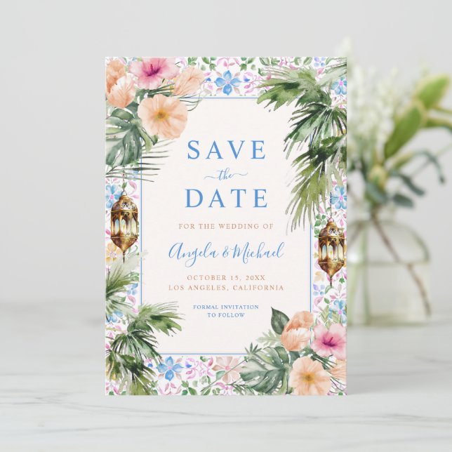 Moroccan Tiles Palm Tree & Tropical Floral Wedding Save The Date (Standing Front)