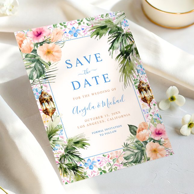 Moroccan Tiles Palm Tree & Tropical Floral Wedding Save The Date (Creator Uploaded)