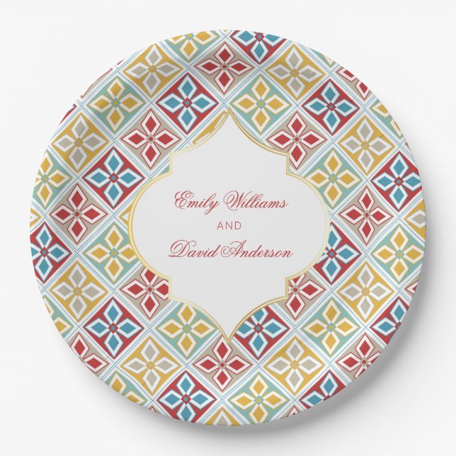 Moroccan Tiles Pattern Arabesque  Paper Plates (Front)
