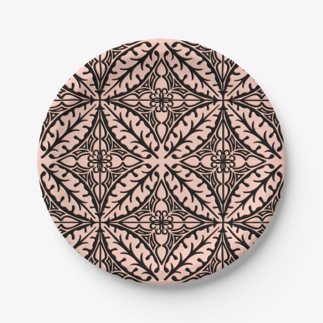 Moroccan tiles - peach pink and black paper plates (Front)