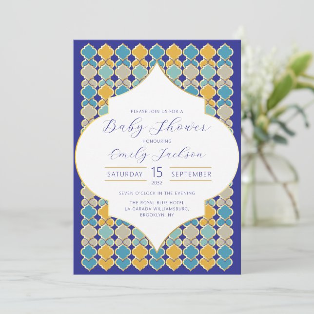 Moroccan Tiles  Royal Blue Golden  Invitation (Standing Front)