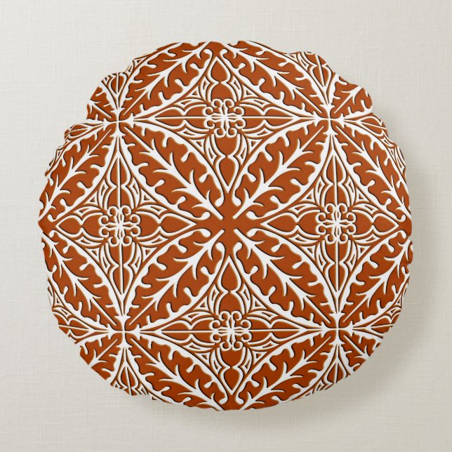Moroccan tiles - rust brown and white round pillow (Front)