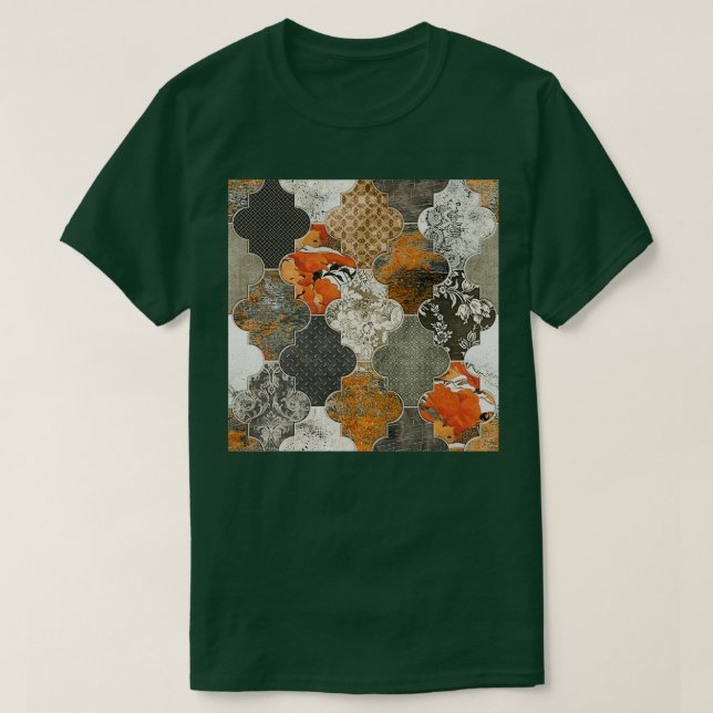 Moroccan Tiles Rust Orange Olive Grey T-Shirt (Design Front)