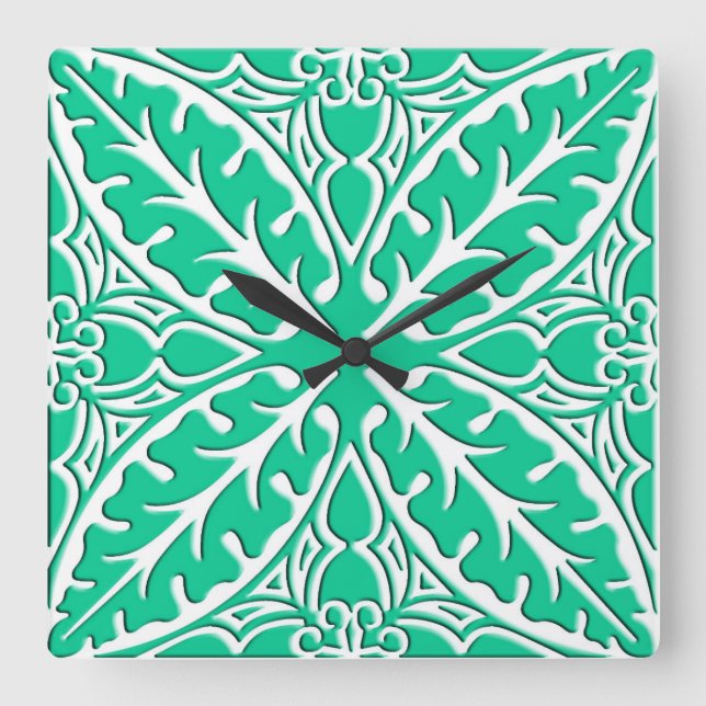 Moroccan tiles - turquoise and white square wall clock (Front)