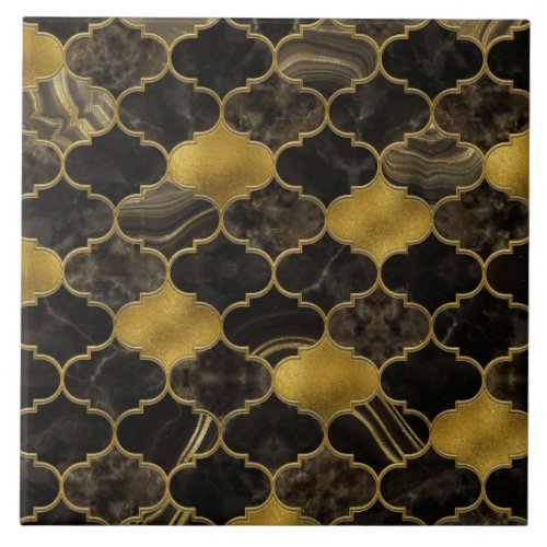 Moroccan trellis Black Marble and Gold Ceramic Tile