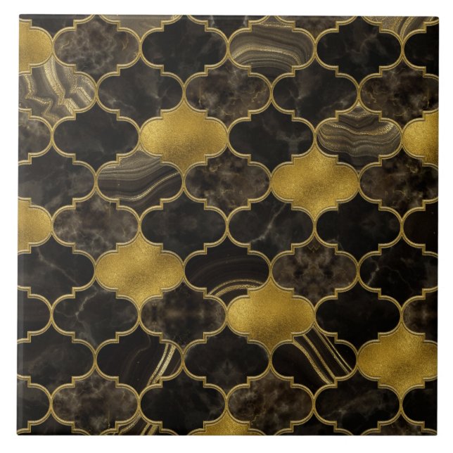 Moroccan trellis Black Marble and Gold Ceramic Tile (Front)