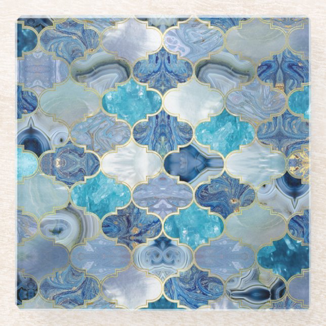 Moroccan trellis Blue Mineral Textures Glass Coaster (Front)