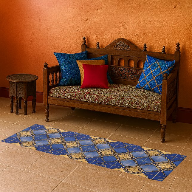 Moroccan Trellis Pattern Quatrefoils Blue Gold Runner (Ornate blue gold Moroccan tile pattern floor runner area rug in situ in traditional Moroccan room)