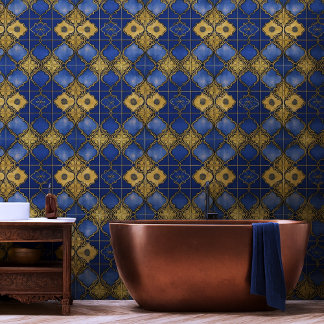 Moroccan Trellis Pattern Quatrefoils Blue Gold Wallpaper