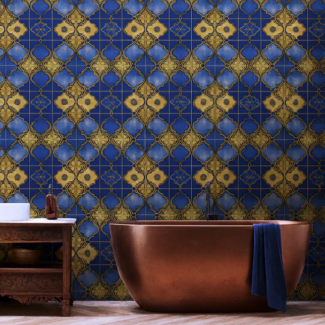 Moroccan Trellis Pattern Quatrefoils Blue Gold Wallpaper | Zazzle