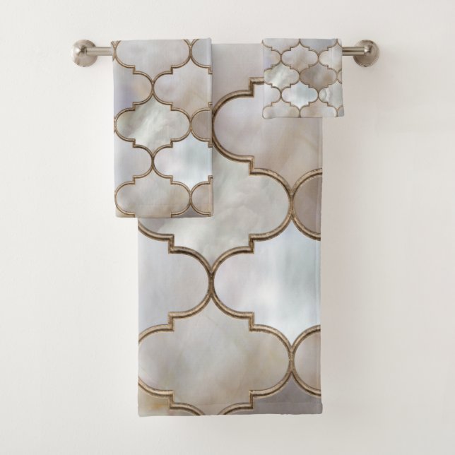 Moroccan trellis Pearl and Gold Bath Towel Set (Insitu)