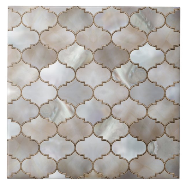 Moroccan trellis Pearl and Gold Ceramic Tile (Front)