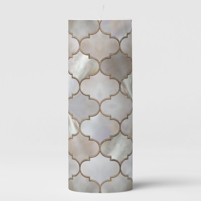 Moroccan trellis Pearl and Gold Pillar Candle (Front)