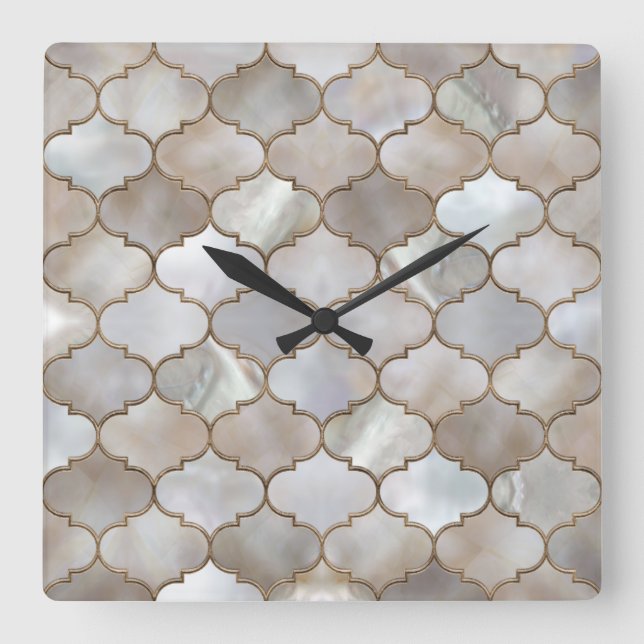 Moroccan trellis Pearl and Gold Square Wall Clock (Front)