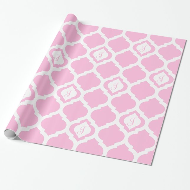 Moroccan trellis pink and white monogram wrap wrapping paper (Unrolled)