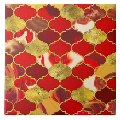 Moroccan trellis Reds and Gold Ceramic Tile