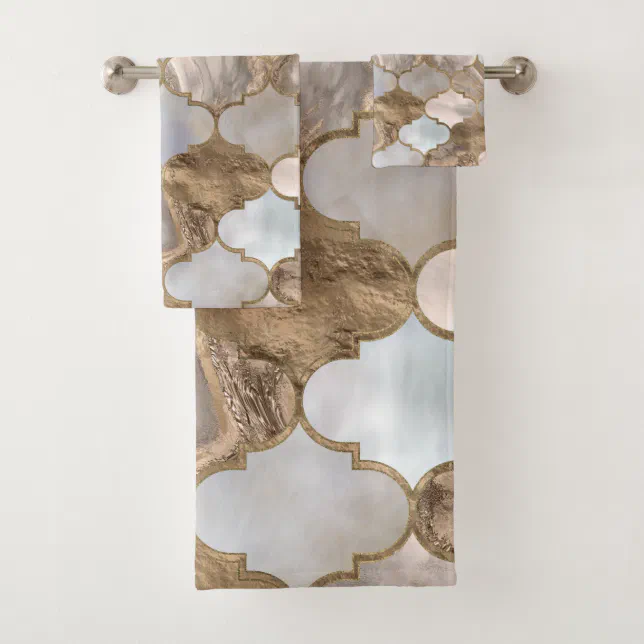Moroccan trellis White marble and gold Bath Towel Set | Zazzle