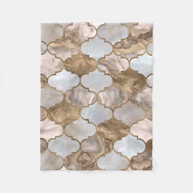Moroccan trellis White marble and gold Fleece Blanket (Front)