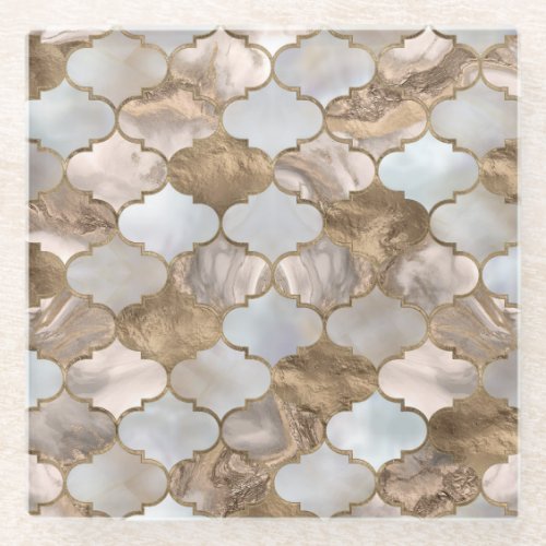 Moroccan trellis White marble and gold Glass Coaster