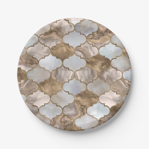 Moroccan trellis White marble and gold Paper Plates