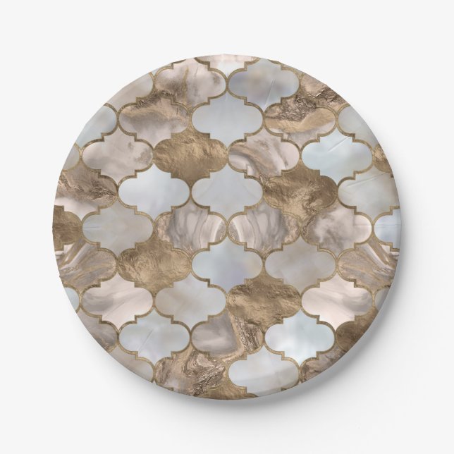 Moroccan trellis White marble and gold Paper Plates (Front)