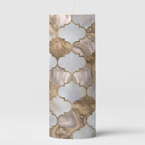 Moroccan trellis White marble and gold Pillar Candle