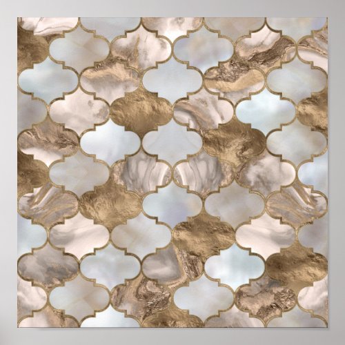 Moroccan trellis White marble and gold Poster