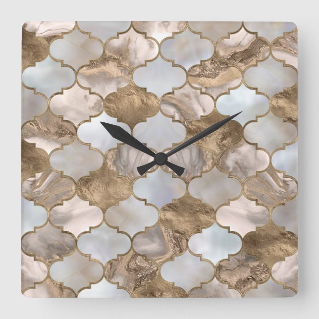 Moroccan trellis White marble and gold Square Wall Clock (Front)
