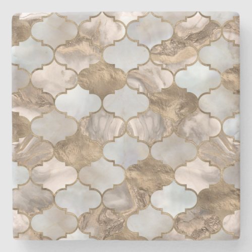 Moroccan trellis White marble and gold Stone Coaster