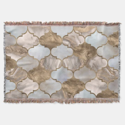 Moroccan trellis White marble and gold Throw Blanket