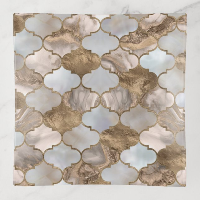 Moroccan trellis White marble and gold Trinket Tray (Front)