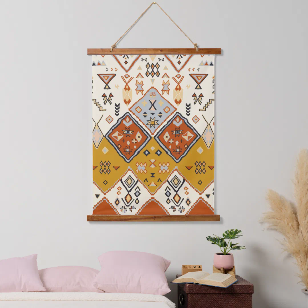Moroccan Tribal Geometric Folk Art Pattern Hanging Tapestry