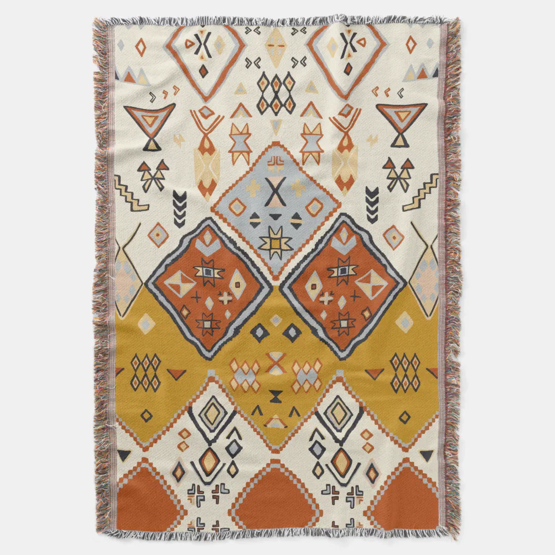 Moroccan Tribal Geometric Folk Art Pattern Throw Blanket