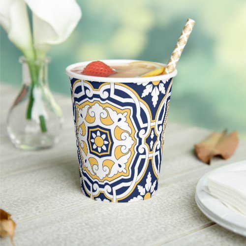 Moroccan vivid blue yellow intricate geometric paper cups