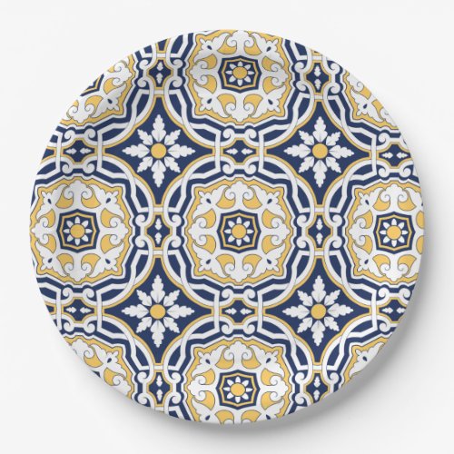 Moroccan vivid blue yellow intricate geometric paper plates