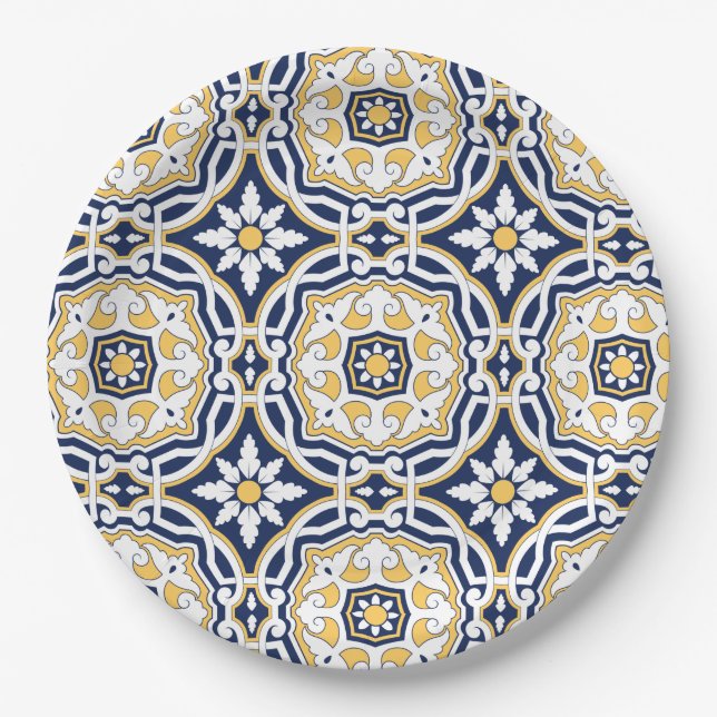 Moroccan vivid blue yellow intricate geometric paper plates (Front)