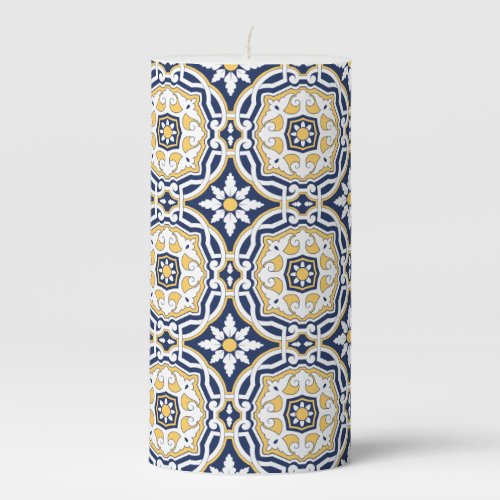 Moroccan vivid blue yellow intricate geometric  pillar candle