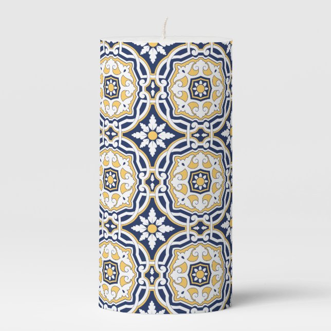 Moroccan vivid blue yellow intricate geometric  pillar candle (Front)