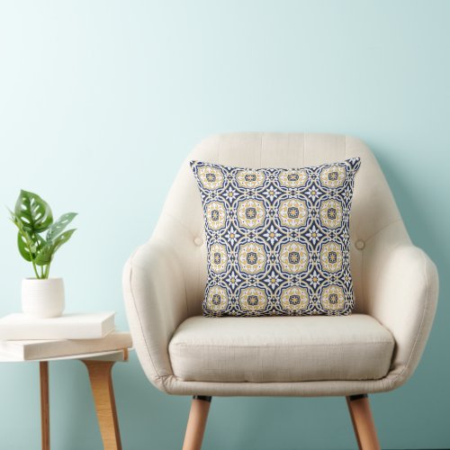 Moroccan vivid blue yellow intricate geometric throw pillow