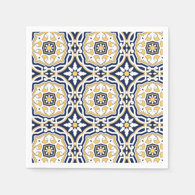 Moroccan vivid blue yellow intricate ornamental  napkins (Front)