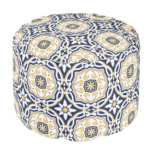 Moroccan vivid blue yellow intricate ornamental  pouf